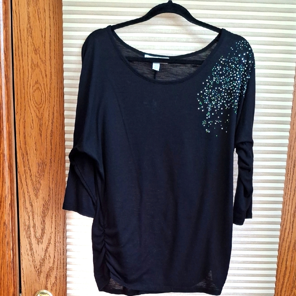 French Laundry Black Embellished 3/4 Sleeve Top